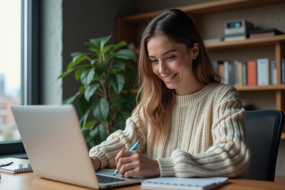 Jeune femme concentrée travaillant à domicile sur son ordinateur portable