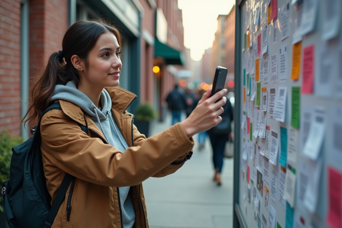 Jeune femme photographiant une affiche d