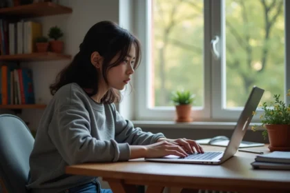 Jeune fille concentrée sur son ordinateur pour le bac