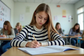 Jeune fille concentrée en classe avec un devoir à l'écrit