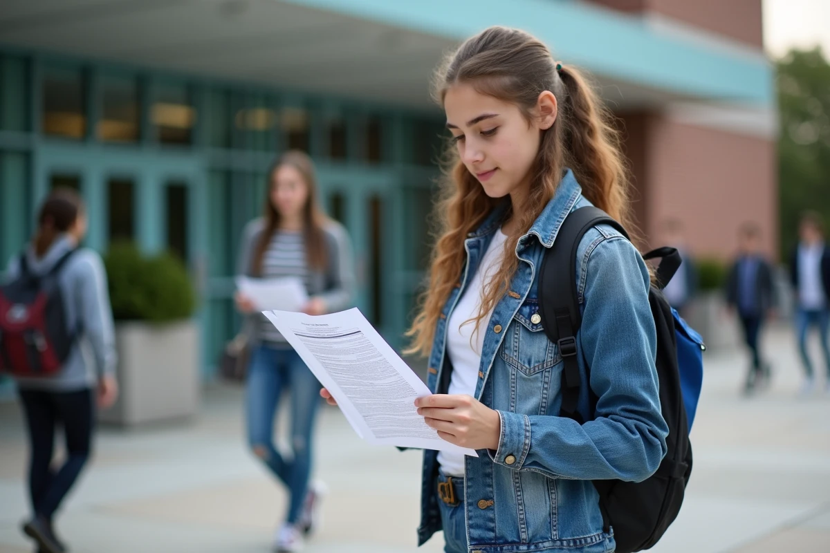 Fille lycéenne vérifiant ses documents scolaires