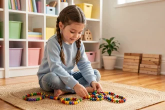 Jeune fille apprenant les tables de multiplication avec des perles Montessori colorées sur un tapis en jute dans un coin d'école à la maison