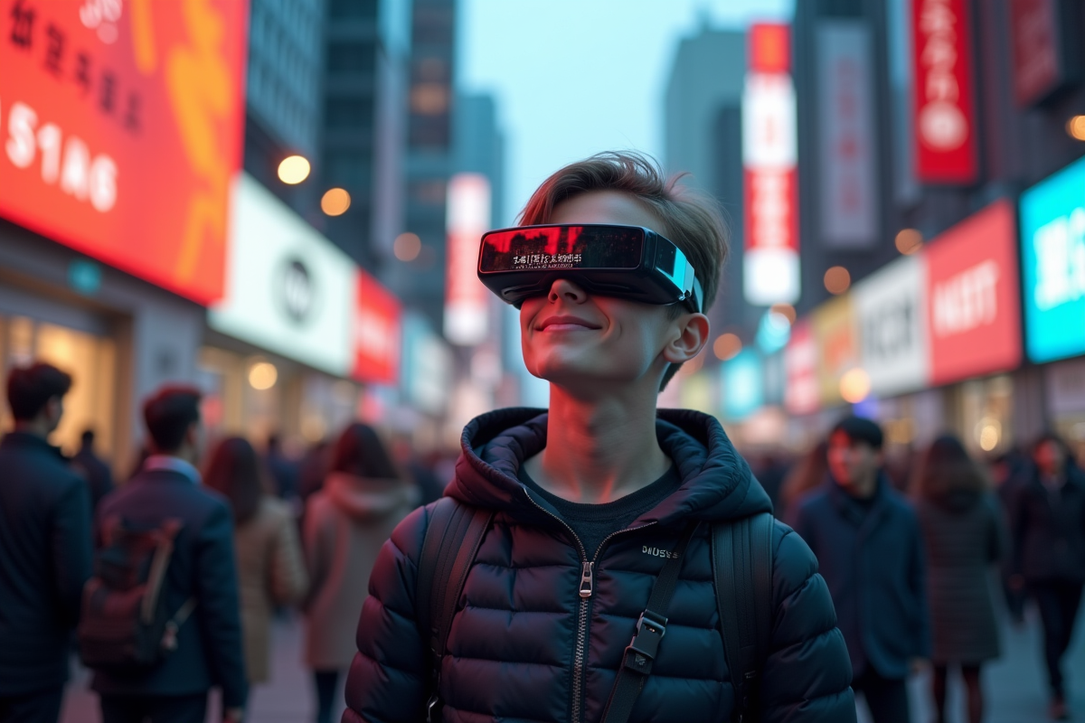 Jeune portant des lunettes intelligentes dans la ville