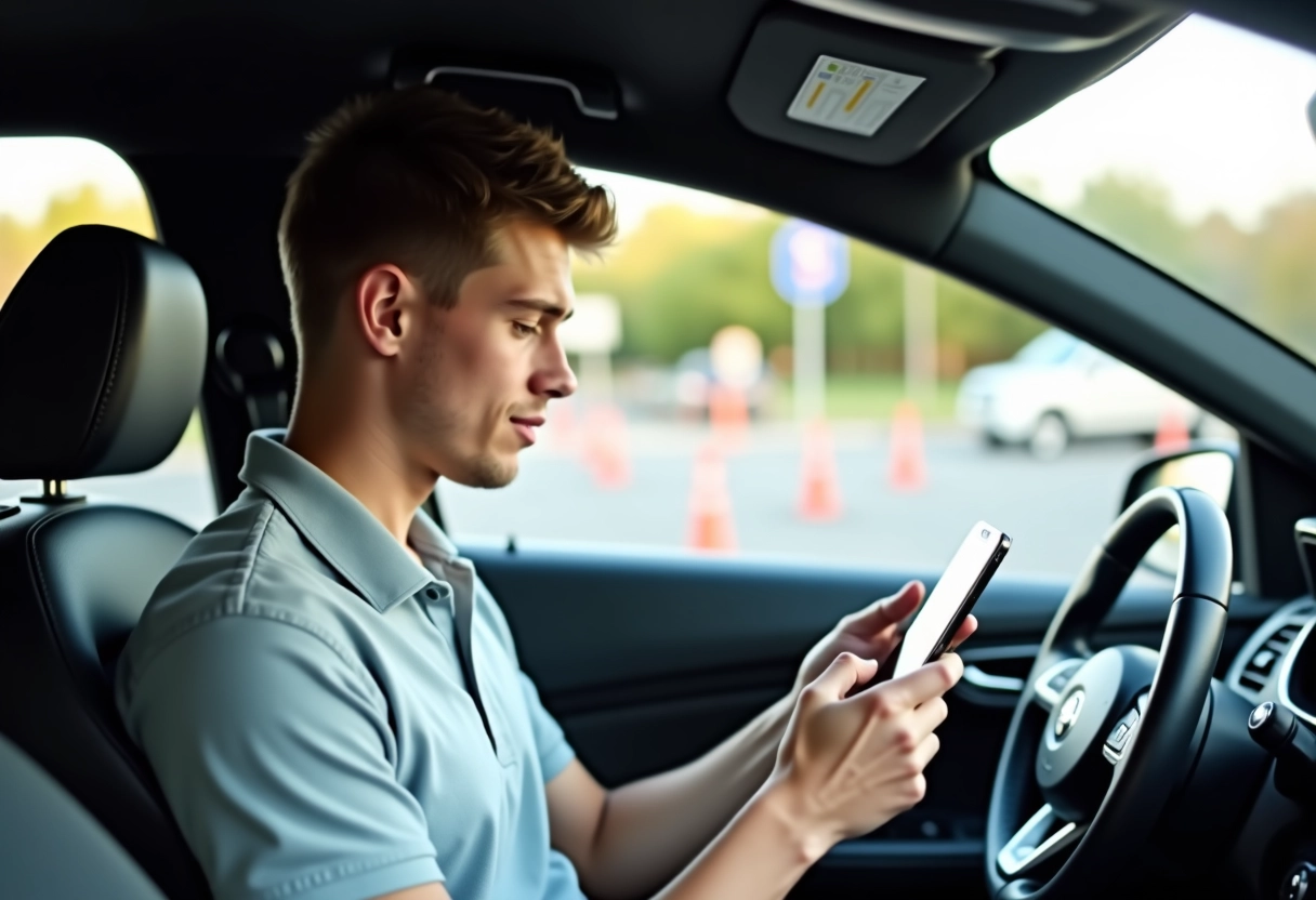Jeune homme utilisant une application de conduite dans une voiture