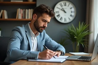 Jeune homme concentré à écrire dans un planner dans un bureau moderne