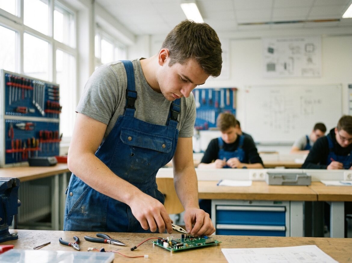 Jeune homme en overalls bleu travaillant sur un circuit