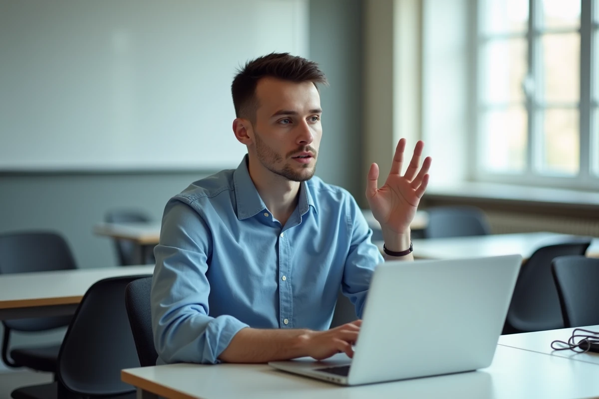 Jeune homme expliquant en classe avec son ordinateur portable