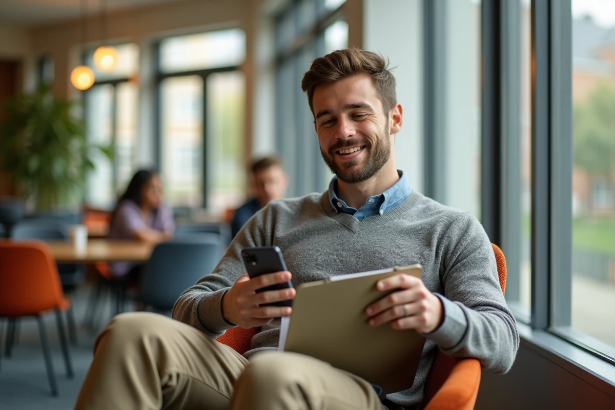 Jeune homme étudiant regardant son smartphone dans un espace étudiant