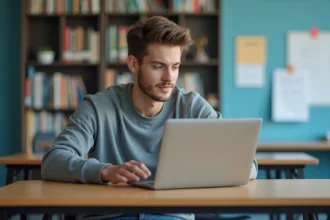 Jeune homme concentré sur son ordinateur portable à Bordeaux INP