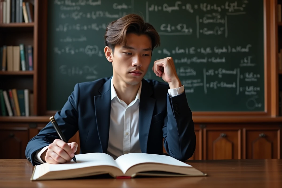 Jeune homme en bibliothèque étudiant en mathématiques