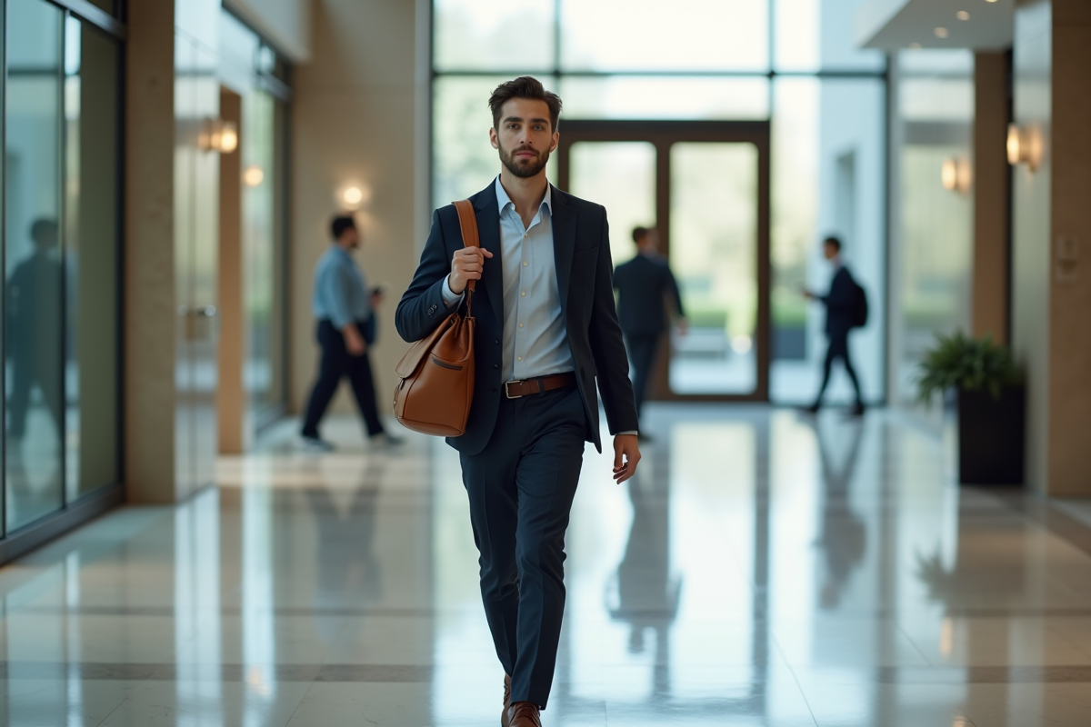 Jeune homme en déplacement dans un lobby d