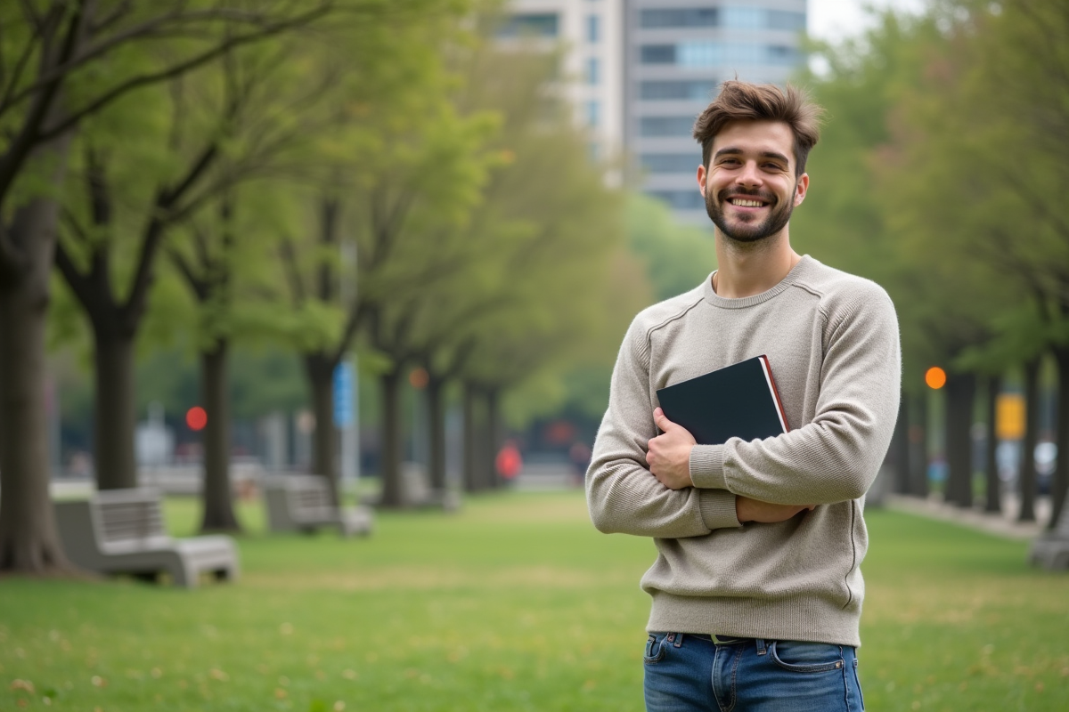 Jeune homme souriant dans un parc urbain