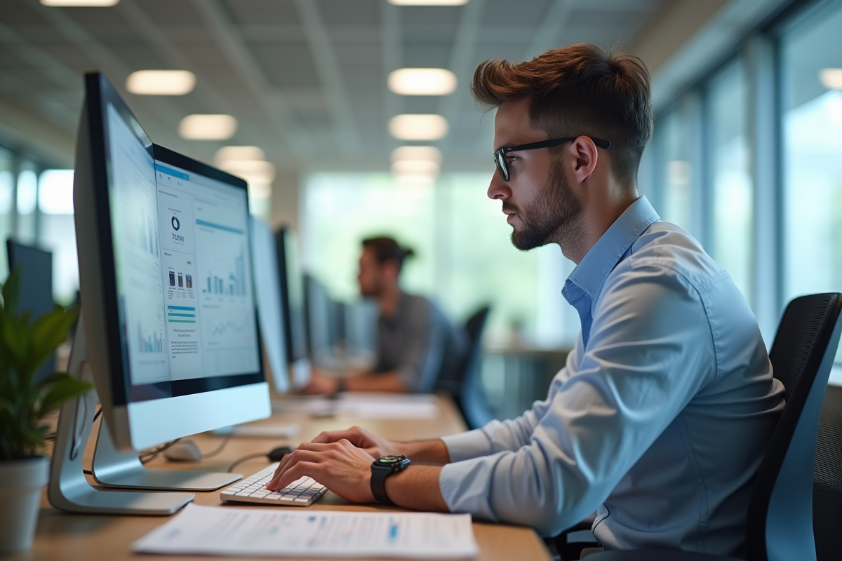 Jeune homme saisissant des données sur un ordinateur au bureau