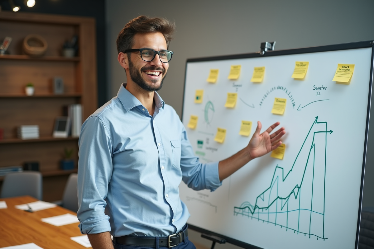 Jeune homme expliquant des chiffres devant un tableau blanc