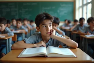 Adolescent concentré sur ses verbes français à l'école