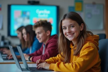 Groupe de lycéens français utilisant des tablettes dans une classe moderne
