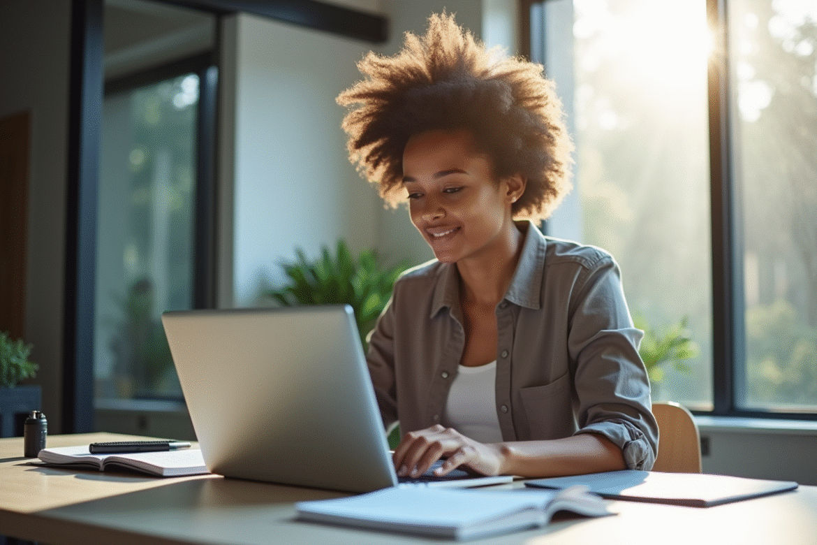 Jeune journaliste travaillant à son bureau avec ordinateur portable