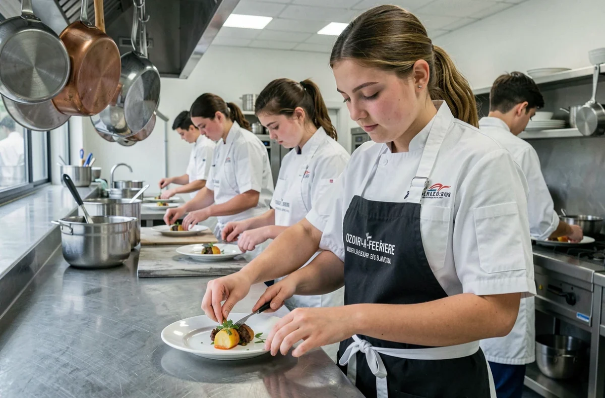 Élève du Lycée Sainte-Thérèse en tablier de cuisine s'entraînant dans une cuisine professionnelle pédagogique à Ozoir-la-Ferrière