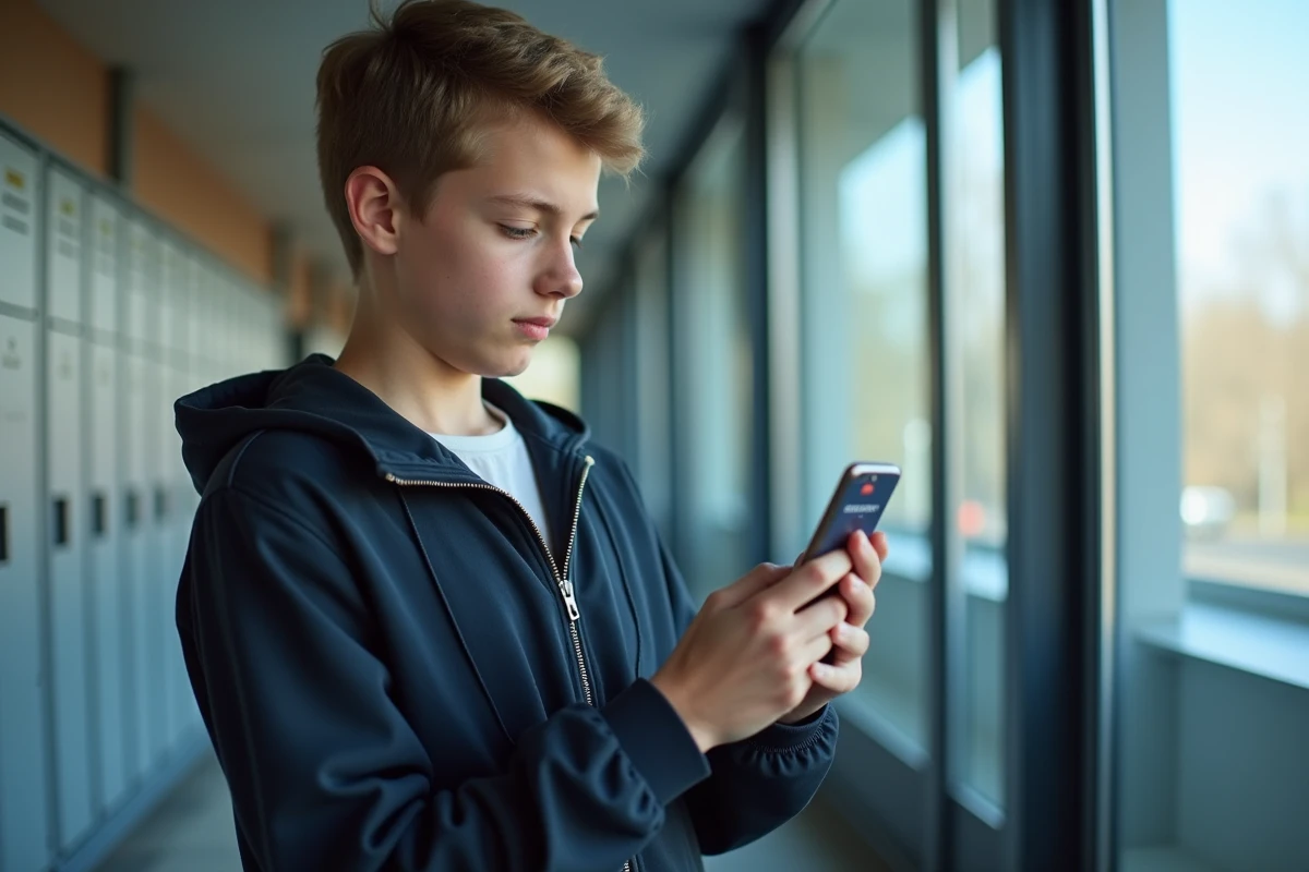 Lycéen installant l'application Edu Normandie depuis un store mobile dans un couloir scolaire