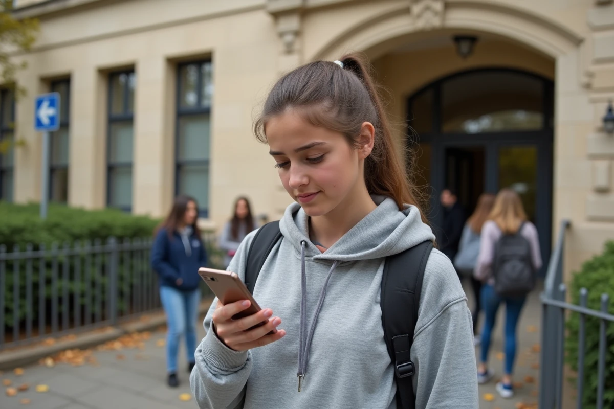 Lycéenne cherchant le code UAI de son école sur smartphone devant l'entrée d'un lycée français en automne
