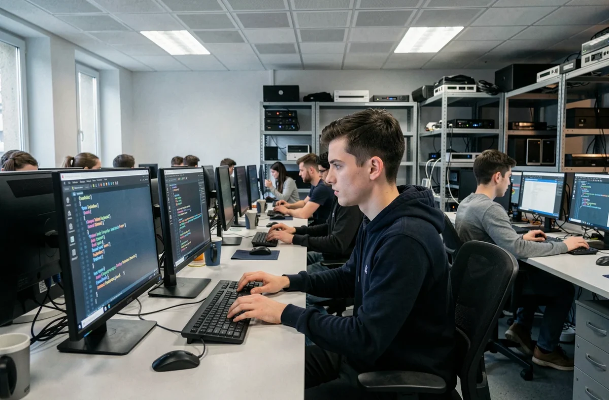 Stagiaire en formation numérique Formodigital de M2iE travaillant sur un ordinateur dans un laboratoire informatique à Provins