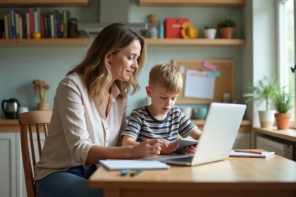 Femme et enfant à la maison lors de la rentrée scolaire