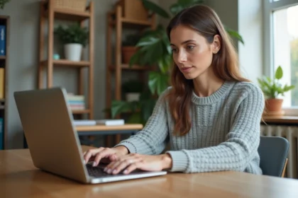 Mère de famille connectée sur l'ENT college78 depuis son bureau à domicile pour activer son compte parent
