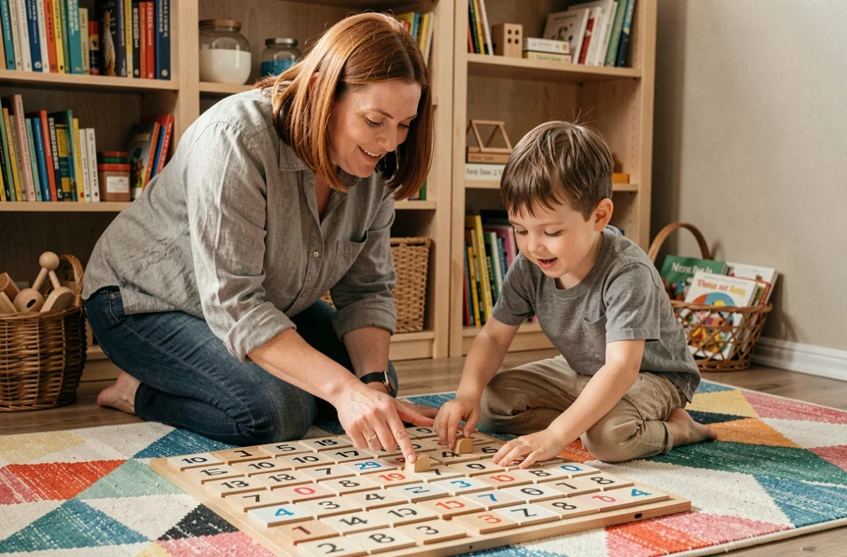 Mère aidant son fils à apprendre les tables de multiplication avec une méthode Montessori sur un tapis coloré dans le salon familial