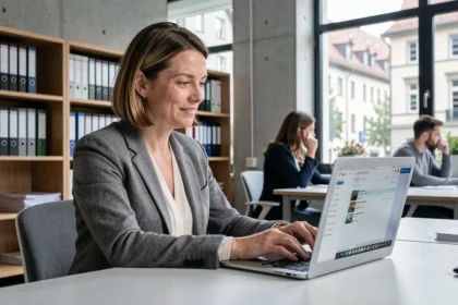 Femme professionnelle consultant sa messagerie académique sur un ordinateur portable dans un bureau universitaire moderne à Strasbourg