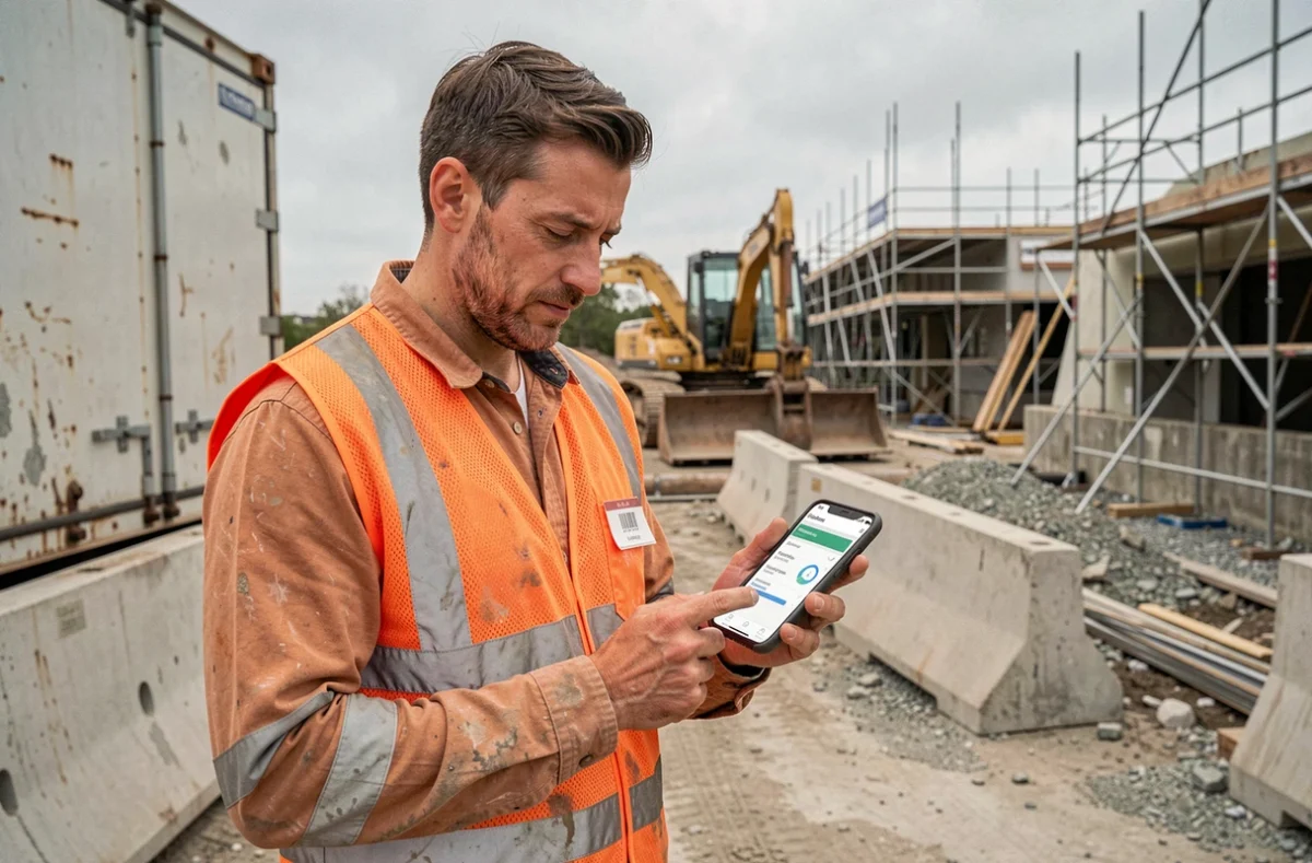 Ouvrier du BTP consultant une offre de formation en ligne sur smartphone sur un chantier de construction