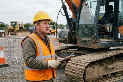 Ouvrier de construction avec casque et gilet réfléchissant à côté d'une excavatrice
