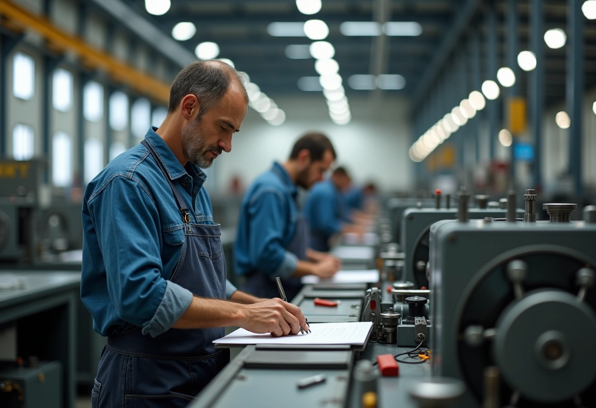 Ouvrier en tenue industrielle utilisant une machine en usine