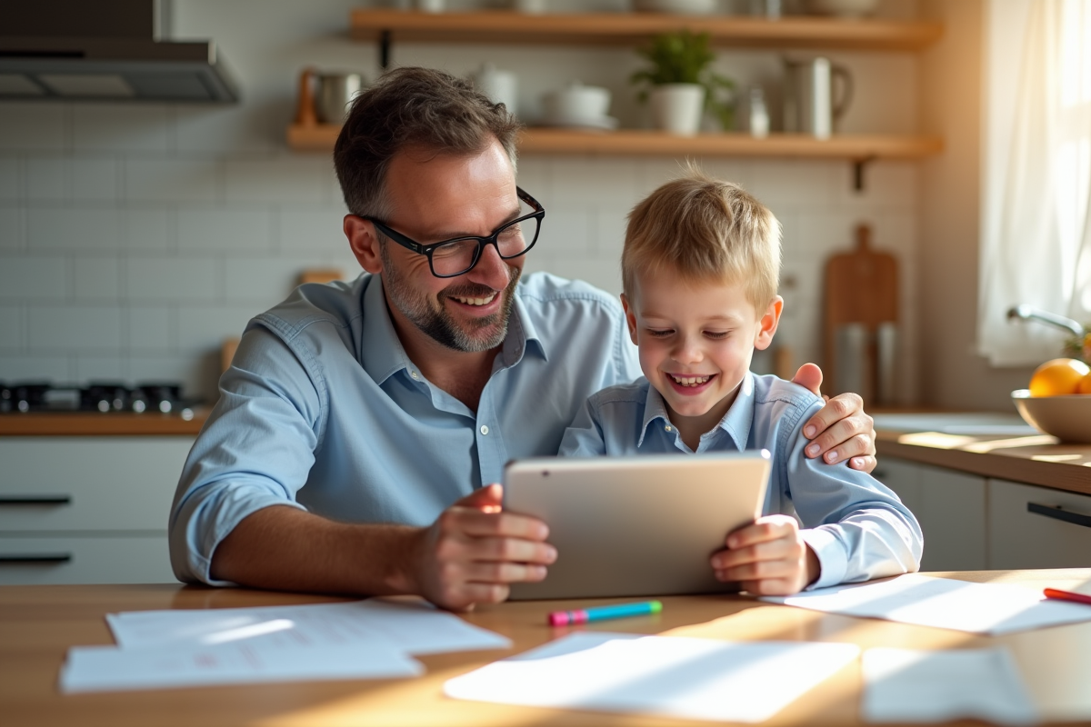 Père et fils souriants utilisant une tablette dans la cuisine en famille