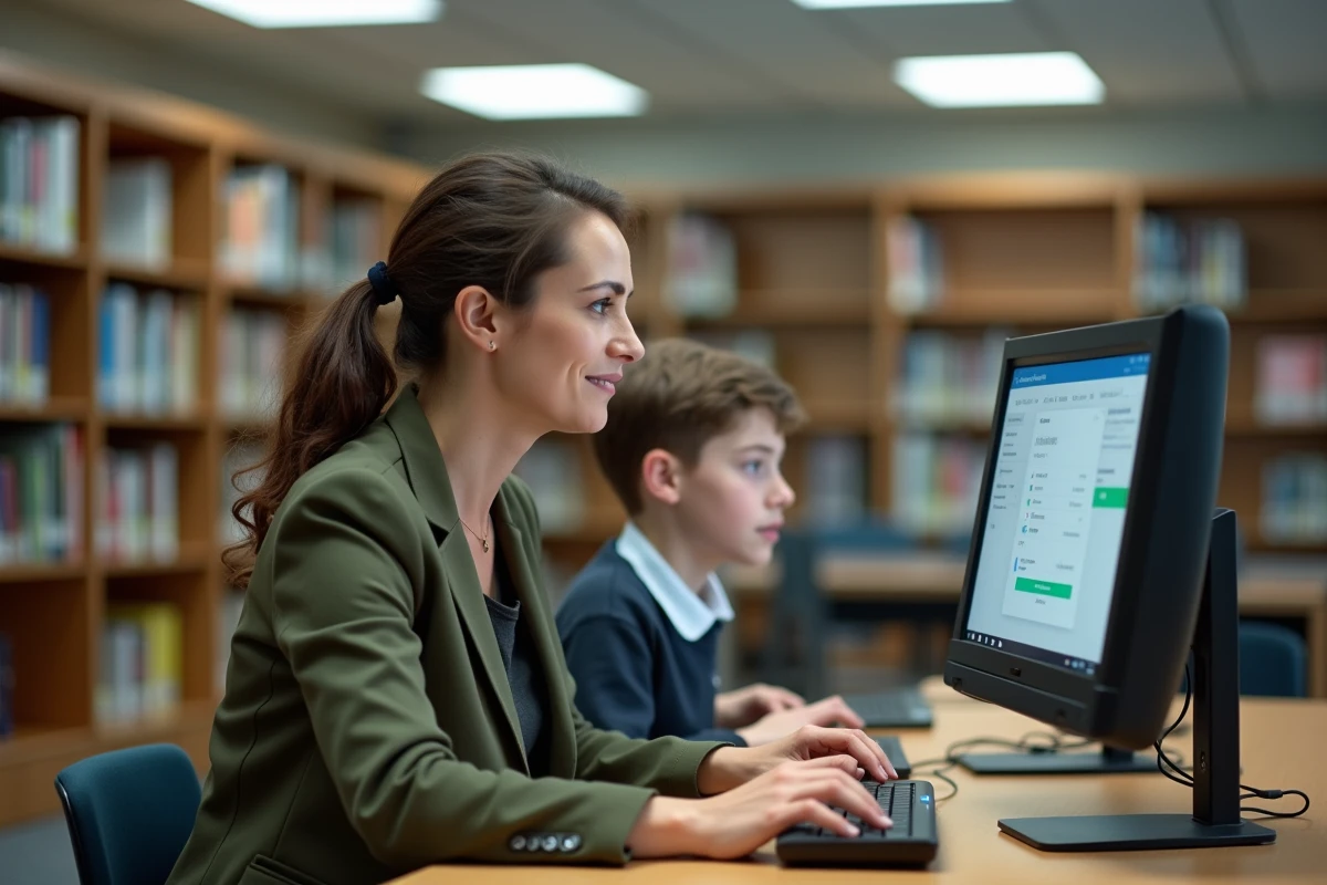 Mère et collégien activant ensemble le compte parent sur l'ENT college78 dans une salle de ressources scolaires