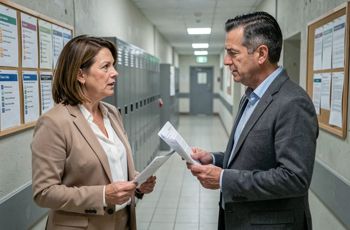 Parent d'élève en discussion avec un enseignant dans un couloir d'école à propos du dossier scolaire