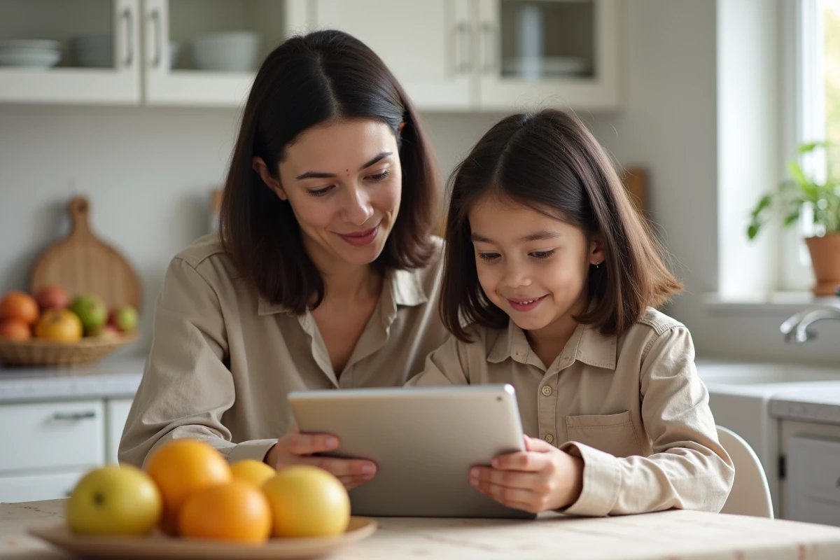 Mère accompagnant sa fille dans la prise en main de la plateforme scolaire elcyo sur tablette numérique, scène familiale de préparation à la rentrée 2026
