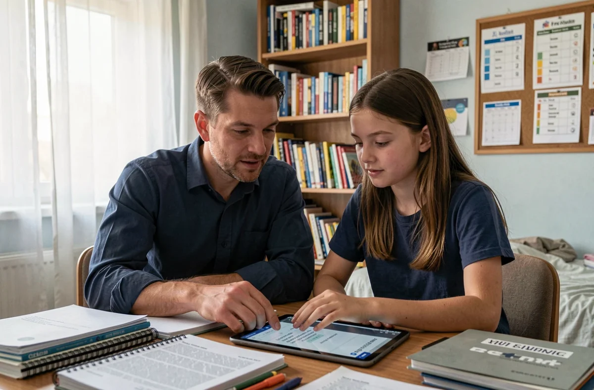 Père et adolescente consultant ensemble le suivi scolaire sur une tablette numérique