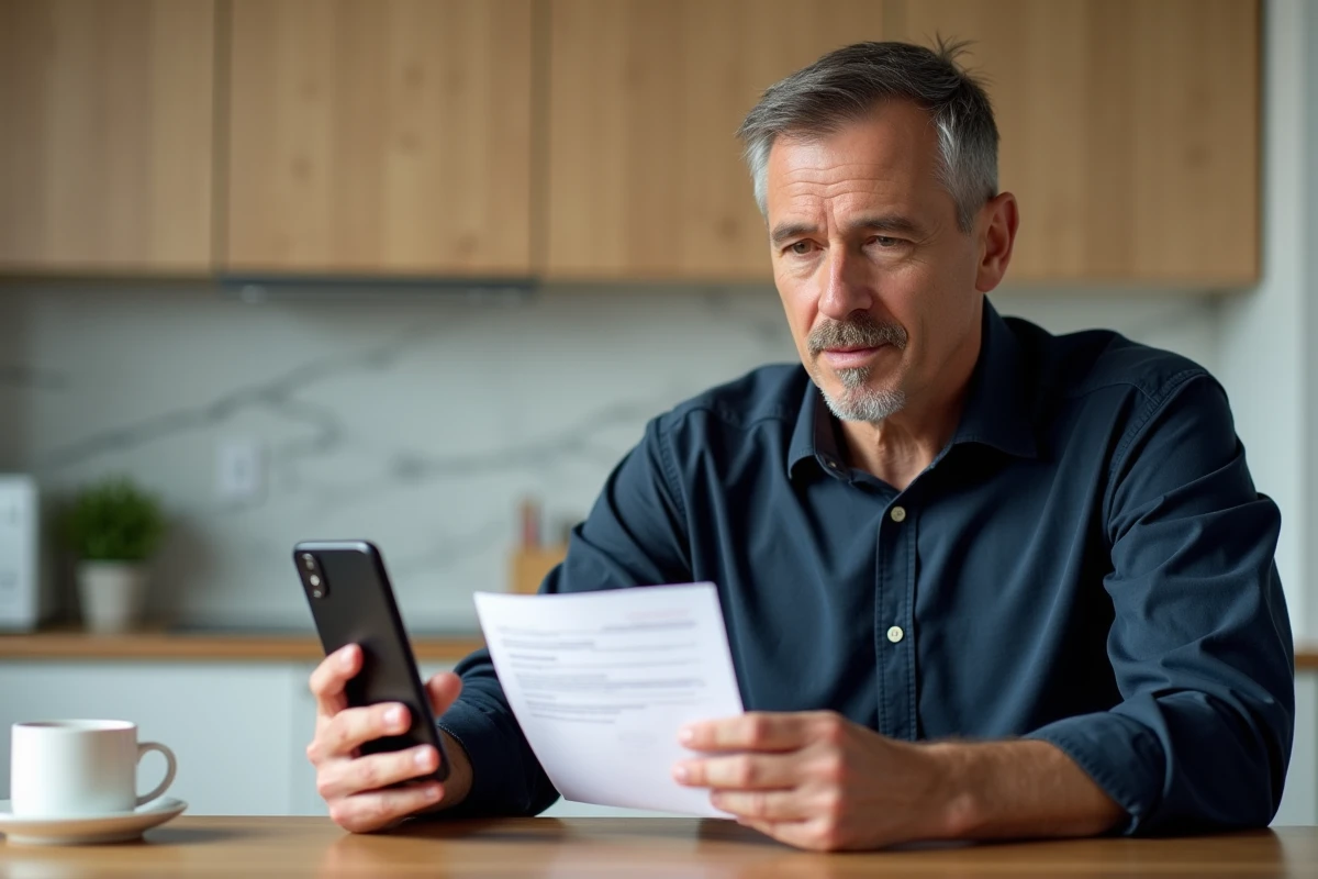 Père consultant son code d'activation ENT college78 depuis la cuisine avec smartphone et courrier scolaire