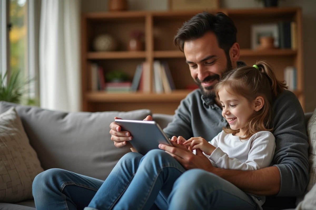 Père et fille consultant ensemble les notes et résultats scolaires sur l'ENT Normandie via une tablette dans le salon