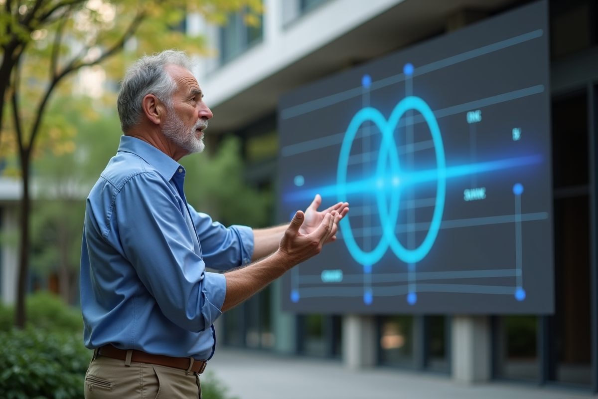 Physicien mature expliquant un diagramme quantique en extérieur