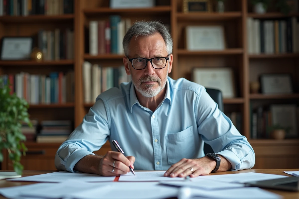 Professeur étudiant des copies dans un bureau à la maison