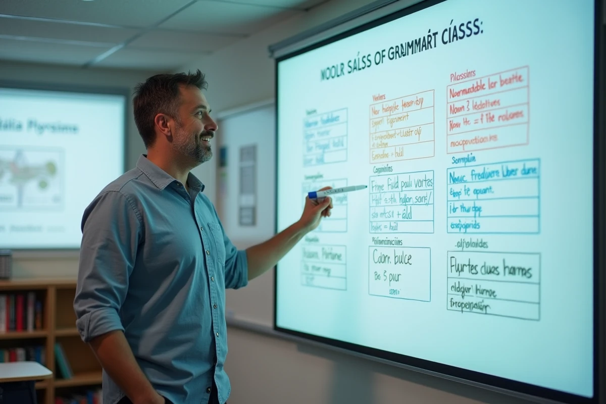 Professeur expliquant les classes grammaticales du français sur un tableau blanc avec des schémas colorés