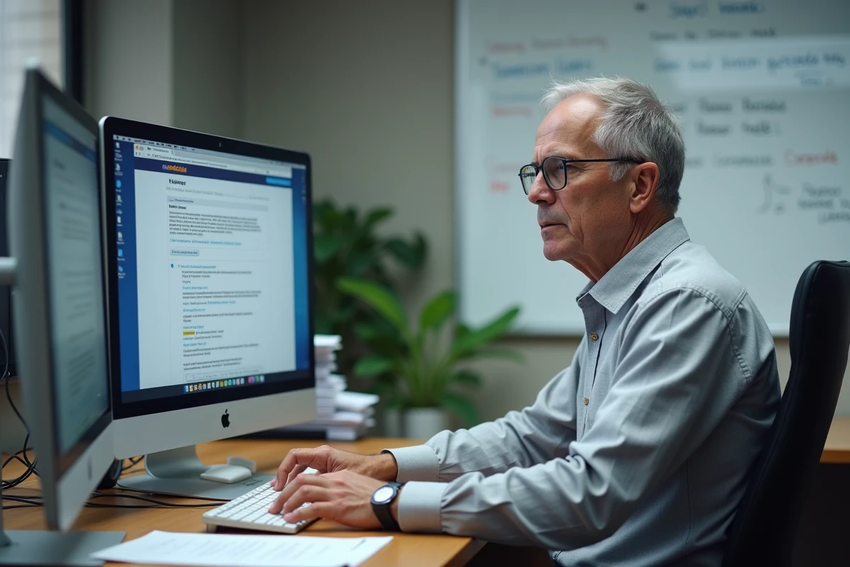 Professeur universitaire corrigeant des devoirs en ligne sur l'interface Moodle UHA