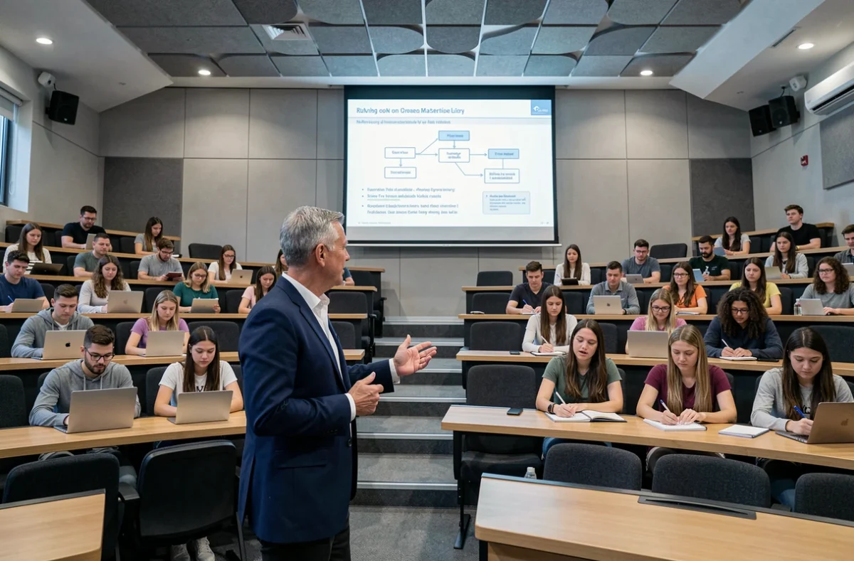 Professeur de Paris School of Business présentant le fonctionnement du PSB learning à des nouveaux étudiants en amphithéâtre