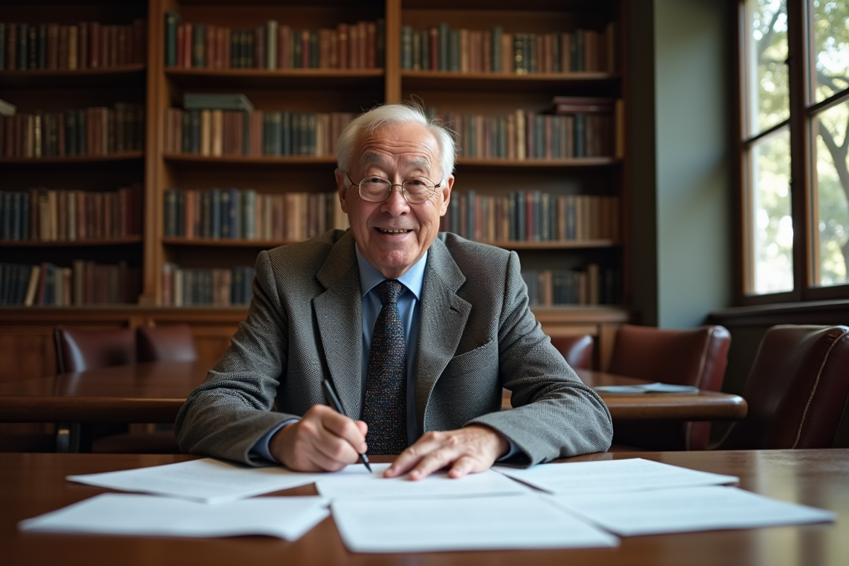 Professeur âgé signant des lettres dans une bibliothèque