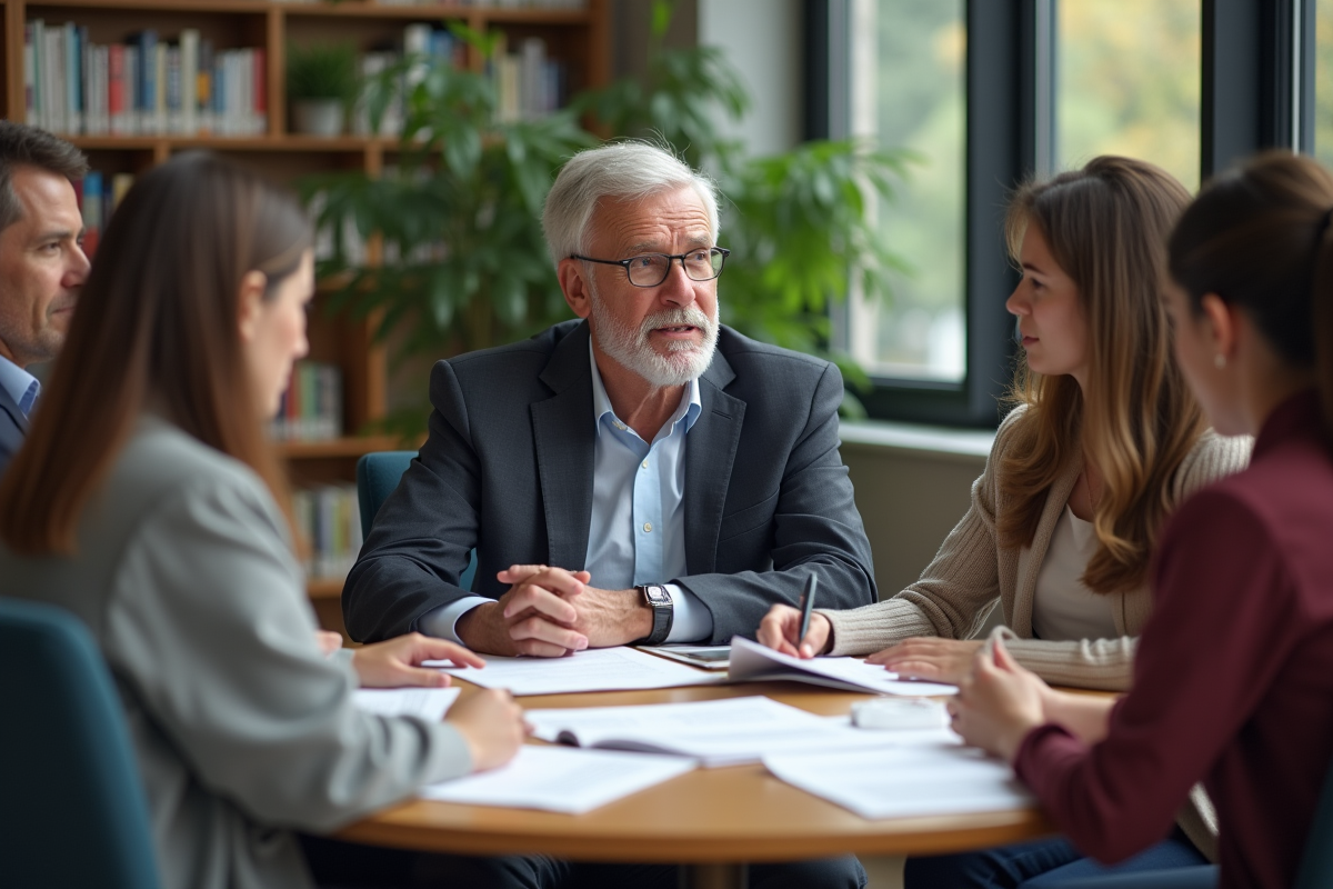Professeur universitaire en discussion avec des adultes en bibliothèque