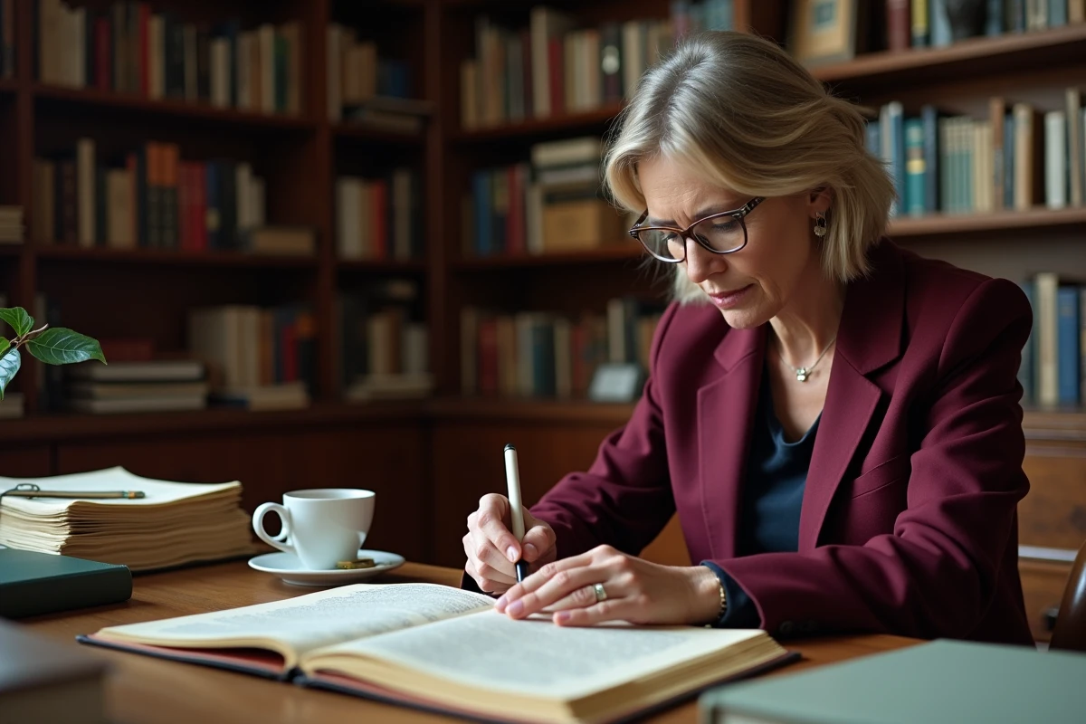 Professeure corrigeant une dissertation avec des annotations détaillées dans un bureau universitaire
