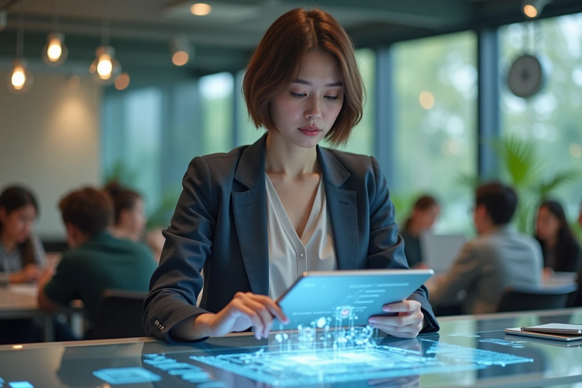 Jeune enseignante interagissant avec une interface holographique dans un espace futuriste
