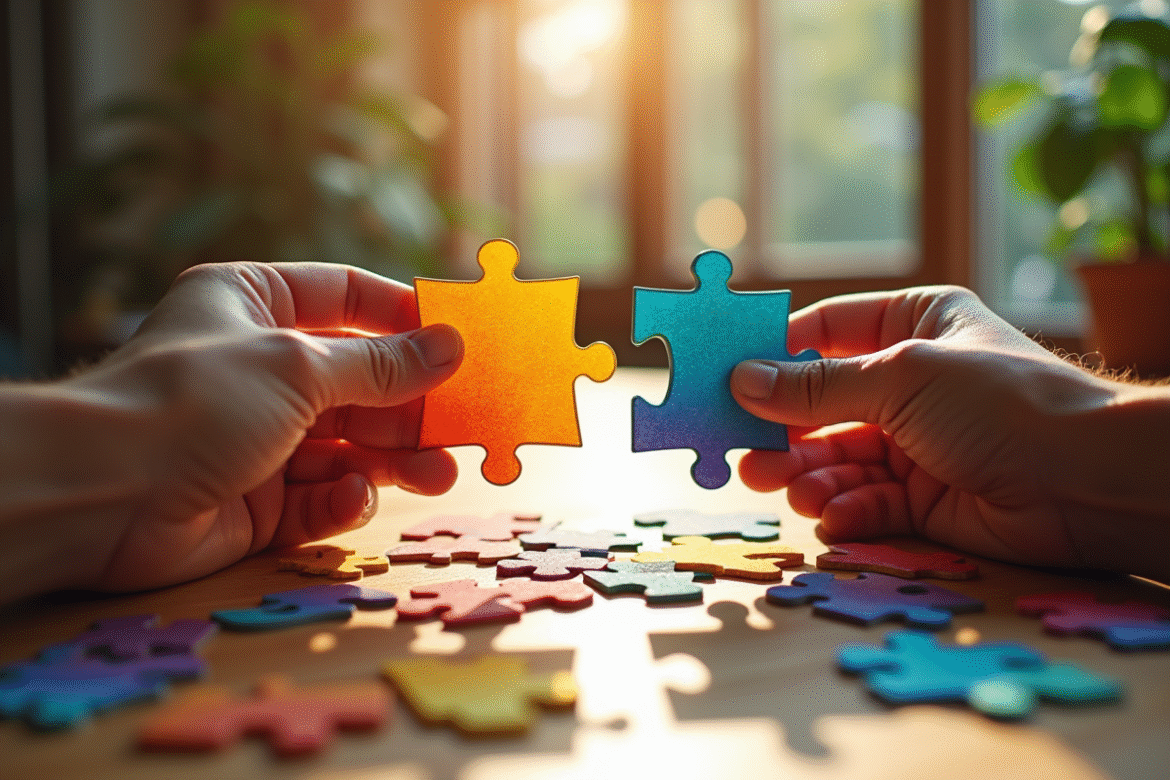 Deux mains manipulant un puzzle en cours de réorganisation