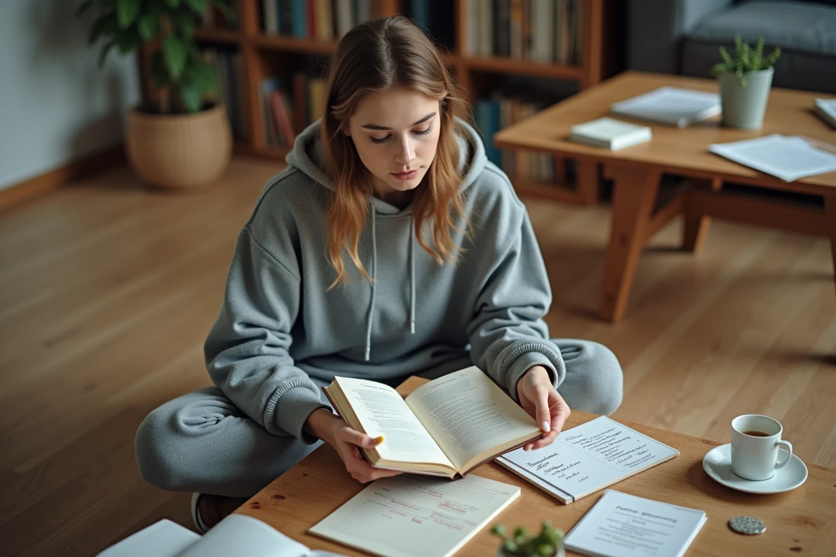 Jeune femme révisant les classes grammaticales françaises avec des fiches et un manuel à domicile